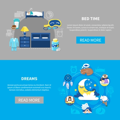 Bedtime attributes and night dreams symbols flat round compositions 2 horizontal banners webpage design isolated vector illustration