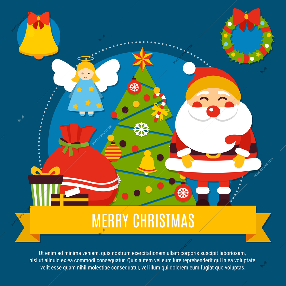 Merry christmas composition with xmas tree, santa, angel, greetings at yellow ribbon on dark background vector illustration