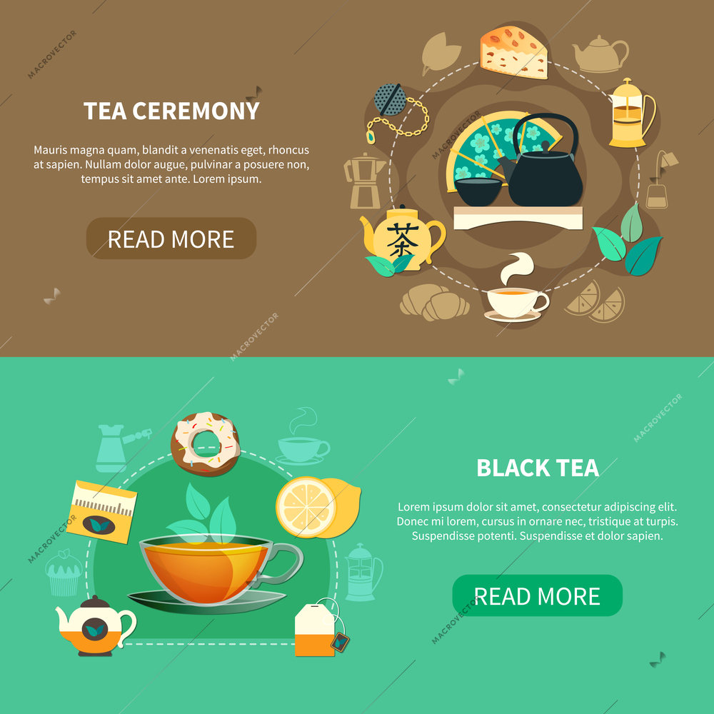 Horizontal banners with black tea and traditional drinking ceremony on brown and green background isolated vector illustration