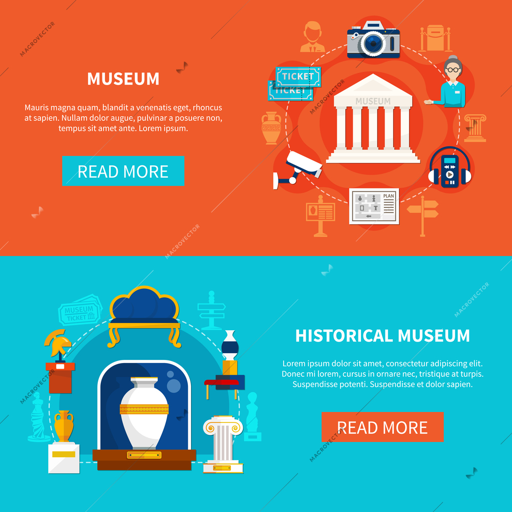 Flat horizontal banners on museum theme with historical artifacts guide accessories and exhibition equipment vector illustration