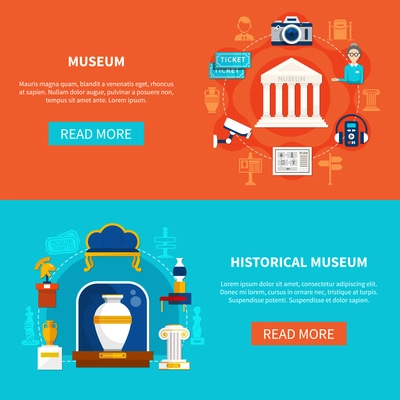 Flat horizontal banners on museum theme with historical artifacts guide accessories and exhibition equipment vector illustration