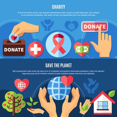 Set of two horizontal charity banners with text and flat images of human hands and symbols vector illustration