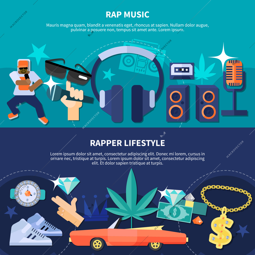 Horizontal flat banners with rap music and rapper lifestyle on turquoise and blue backgrounds isolated vector illustration