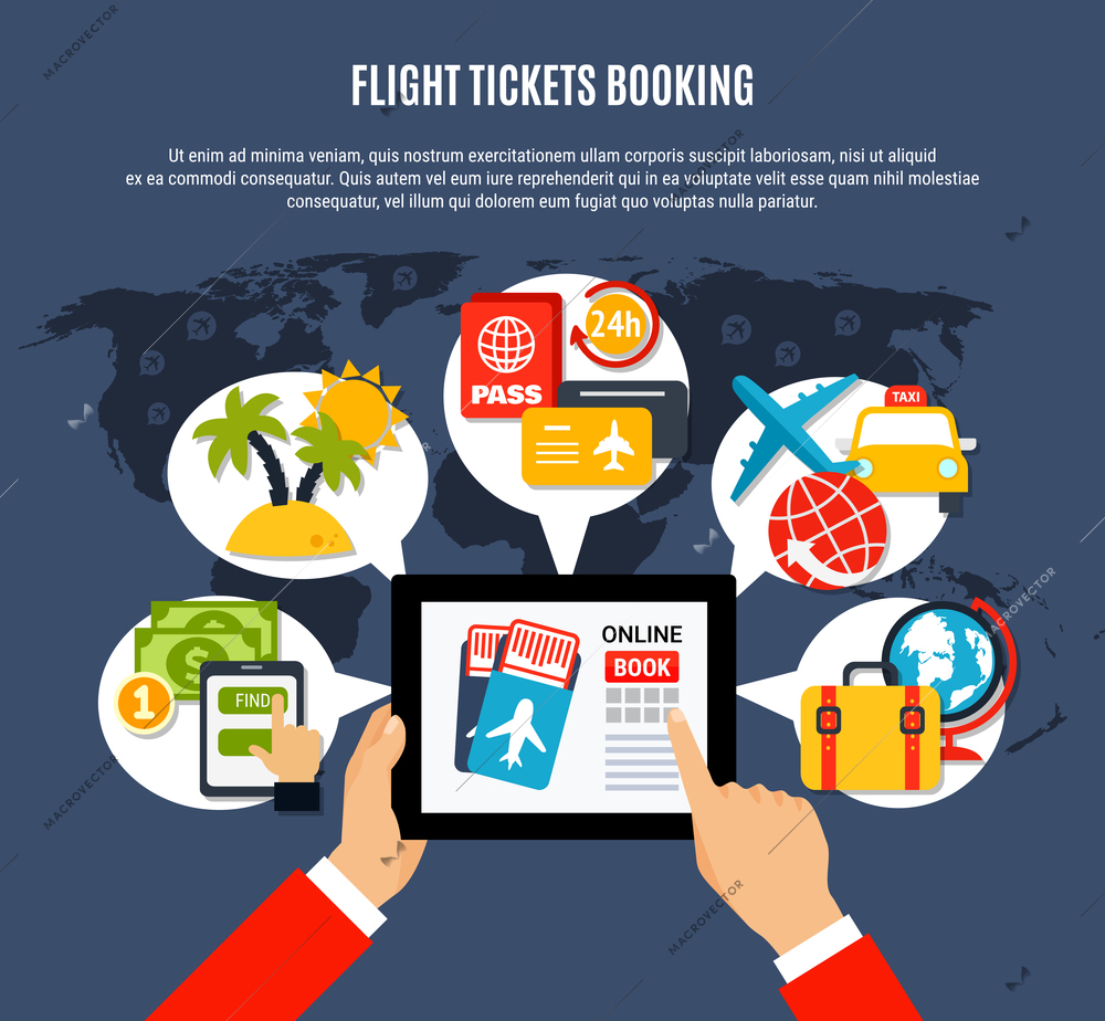 Tickets online booking flat advertisement air travel poster with hand holding tablet choosing flight options vector illustration