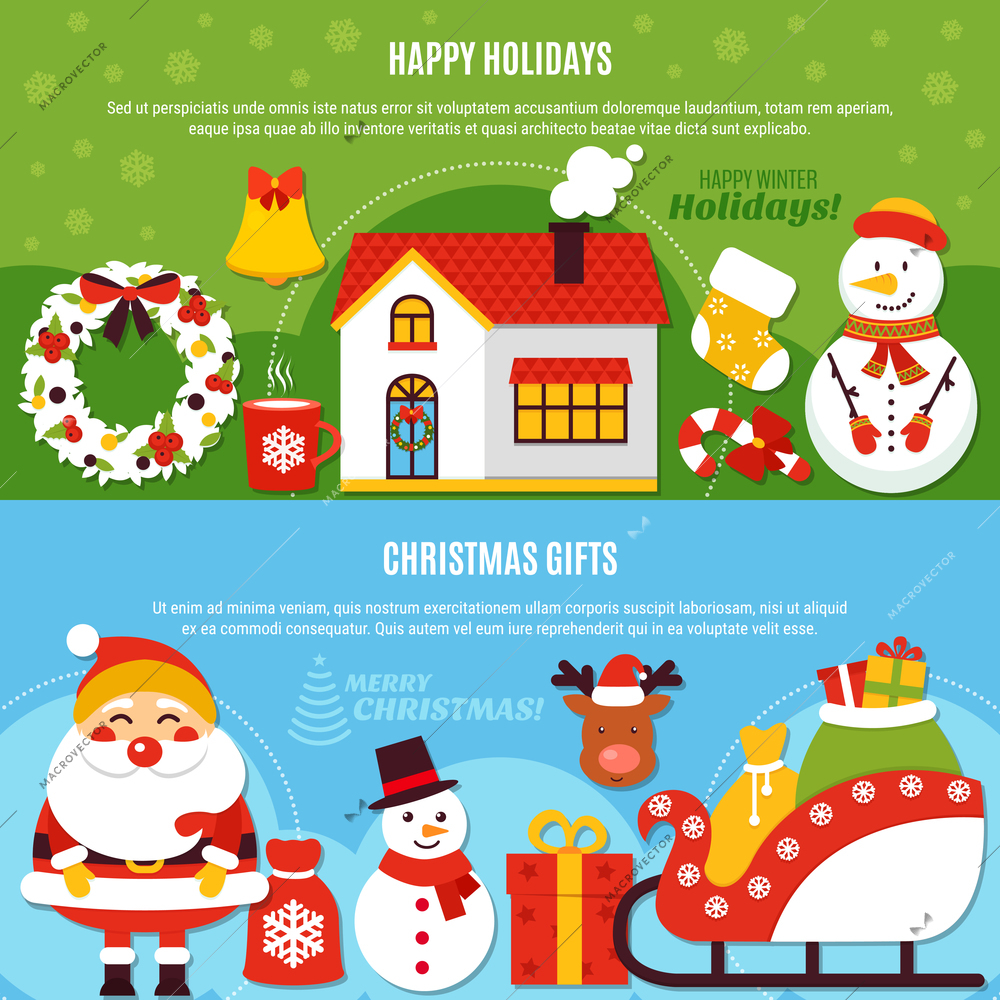 Horizontal flat banners with happy holidays and christmas gifts on green and blue background isolated vector illustration