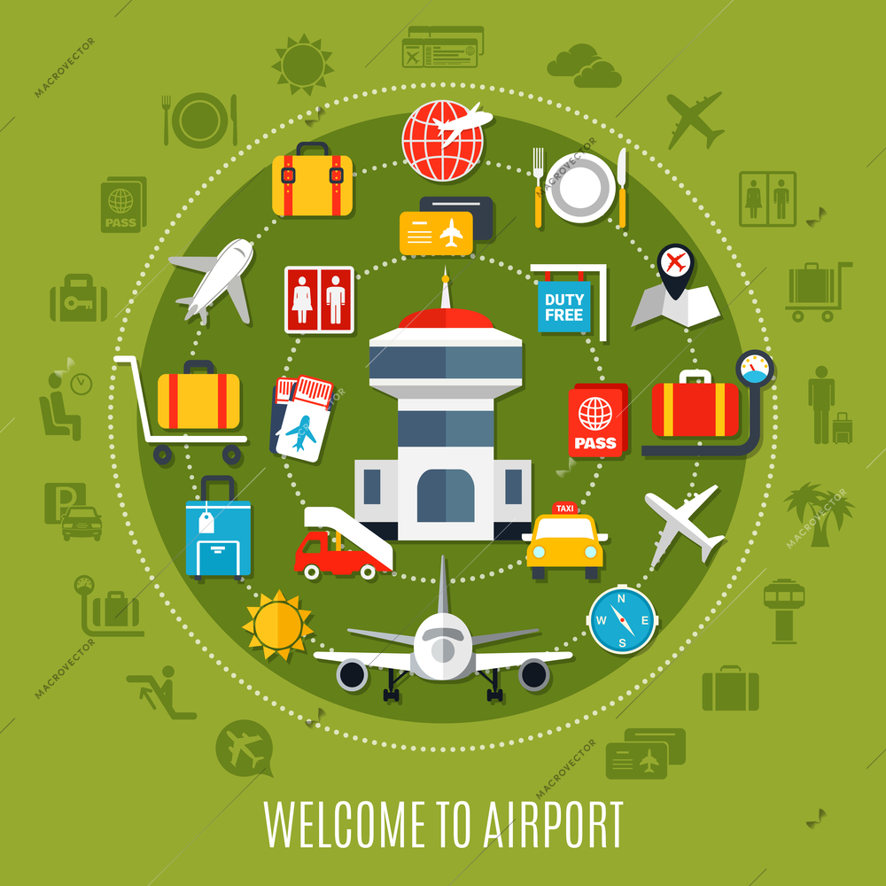 International airport welcome air travel passengers    flat ad poster with available service symbols circle green background vector illustration