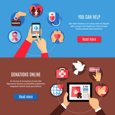 Charity banners set with human hands holding gadgets and online charity application pictograms with read more button vector illustration