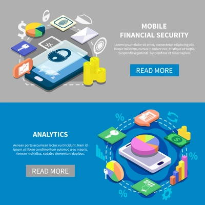 Isometric set of two mobile financial security and internet banking banners 3d isolated vector illustration