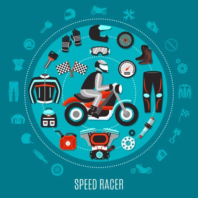 Speed Racer round design with set of motorcycle spare parts and biker gear decorative icons flat vector illustration