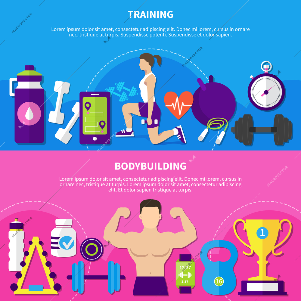 Set of flat horizontal banners with male bodybuilding and female training with weight equipment isolated vector illustration