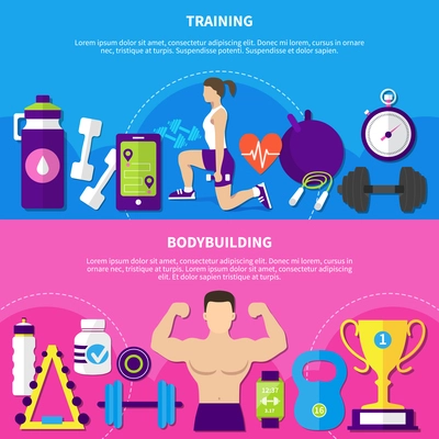 Set of flat horizontal banners with male bodybuilding and female training with weight equipment isolated vector illustration