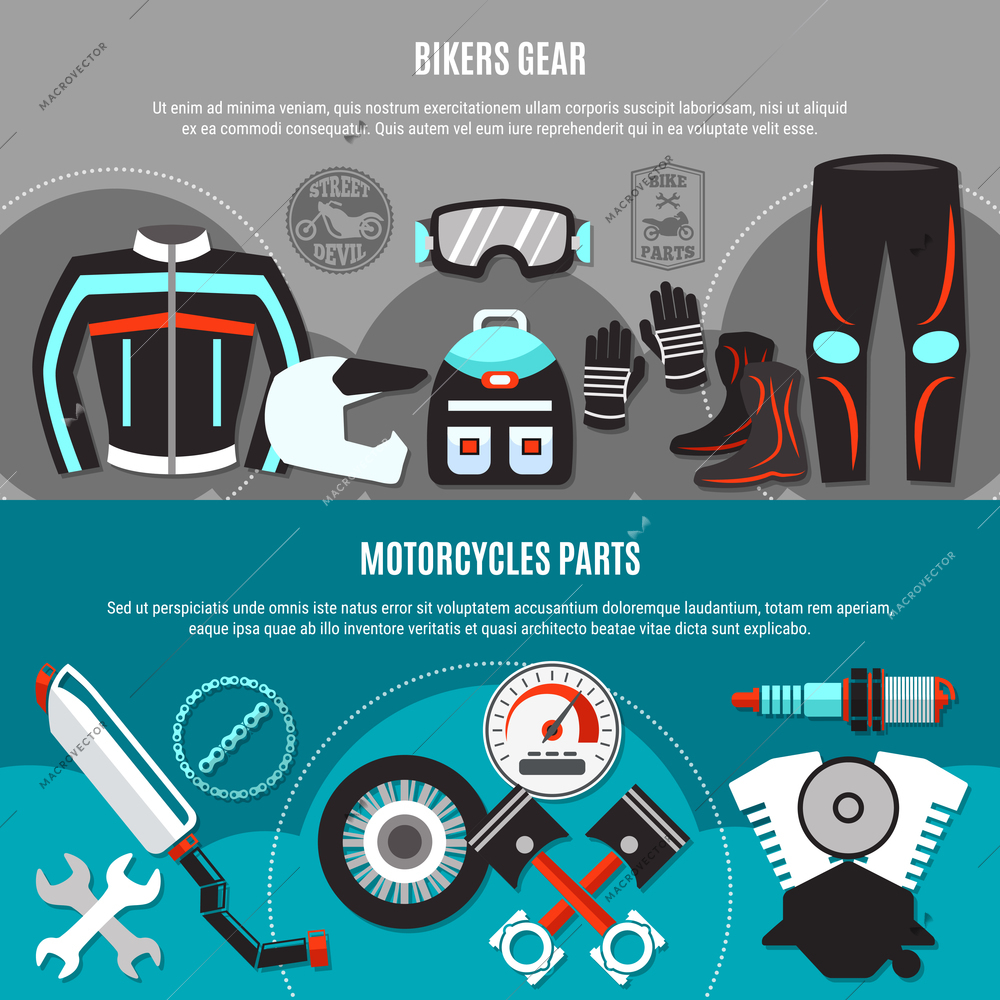 Bikers gear and bike spare parts horizontal banners with pistons exhaust muffler spark plug helmet glasses gloves costume boots elements flat vector illustration