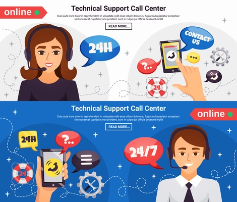 Technical support call center operators 24h online service 2 horizontal background banners webpage design isolated vector illustration