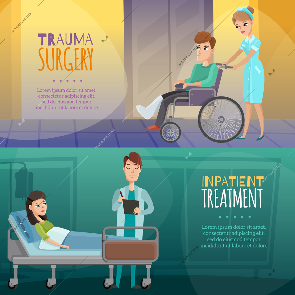 Set of horizontal banners with doctors and patients in trauma surgery and hospital treatment isolated vector illustration