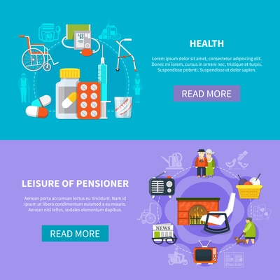 Two horizontal pensioner flat banner set with health leisure of pensioner descriptions and read more buttons vector illustration