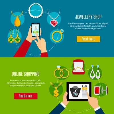 Jewelry shop horizontal banners with mobile device in hand for buying decorations online isolated vector illustration