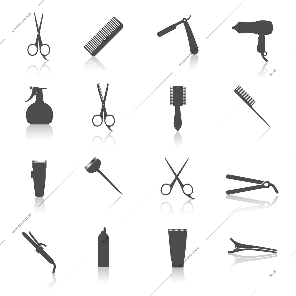 Hairdresser  styling accessories professional haircut icon set isolated vector illustration