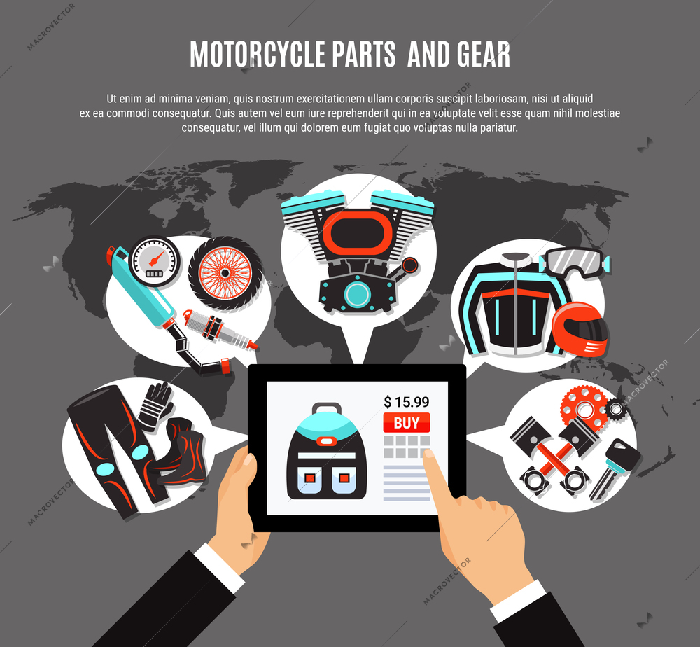 Online shopping of motorcycle parts and gear design concept with electronic buy on tablet screen flat vector illustration