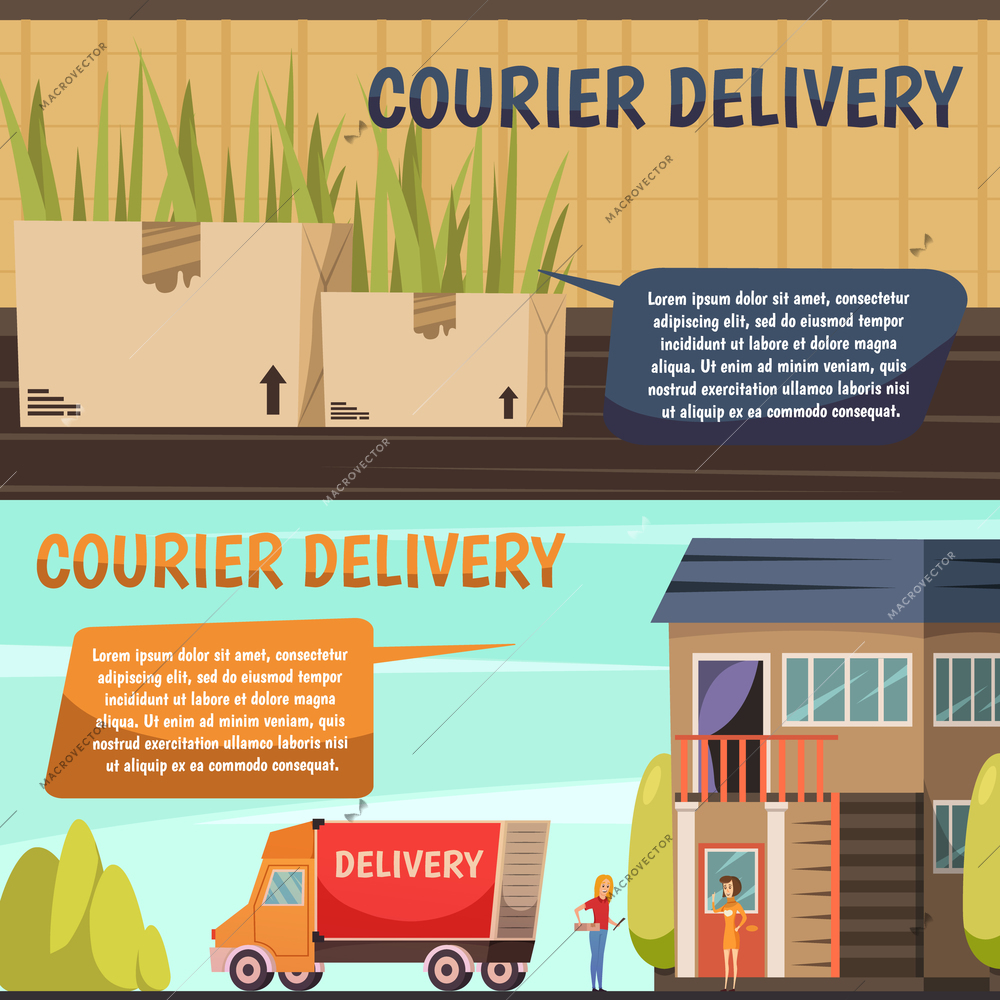 Courier service 2 horizontal orthogonal banners set with goods packages and payment on delivery isolated vector illustration