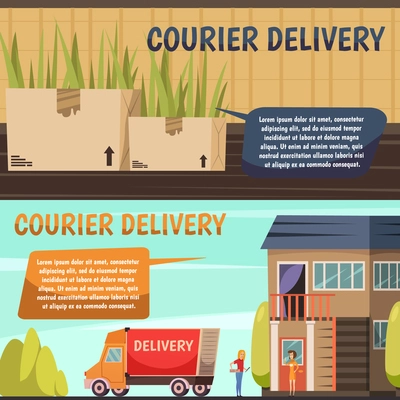 Courier service 2 horizontal orthogonal banners set with goods packages and payment on delivery isolated vector illustration