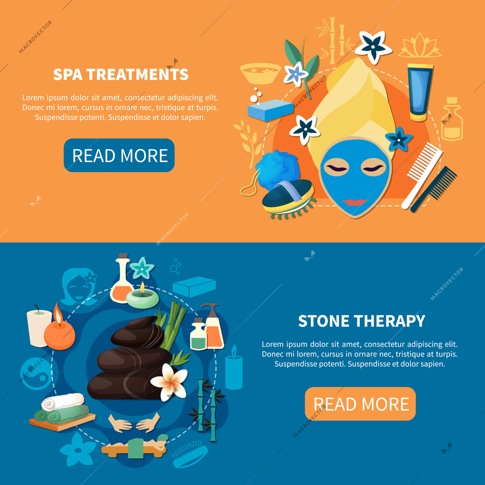 Spa health treatments with medicinal baths hot lava and river rock stone massage 2 flat banners vector illustration