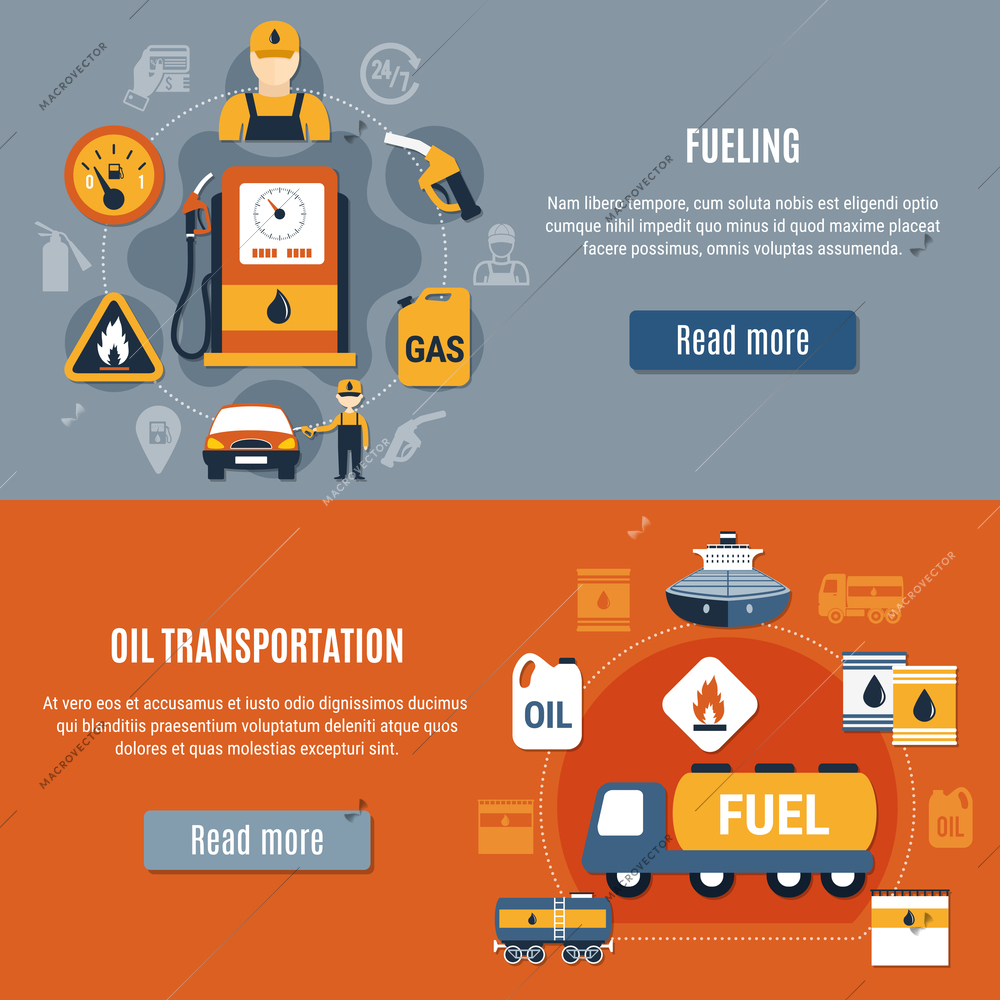 Fuel pump banner set with fueling oil transportation descriptions and read more buttons vector illustration