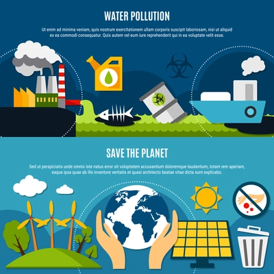 Ecology and pollution horizontal banners set with water pollution symbols flat isolated vector illustration