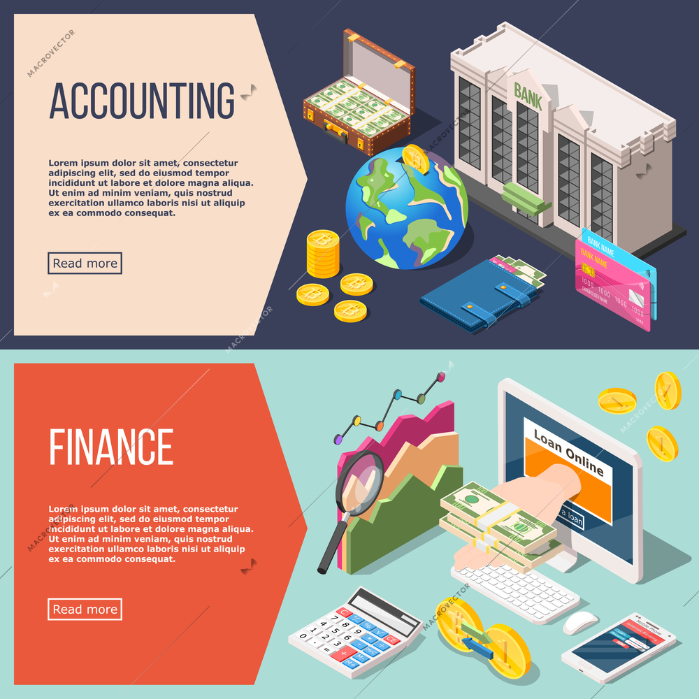 Set of two horizontal isometric accounting banners with editable text read more button and financial icons vector illustration