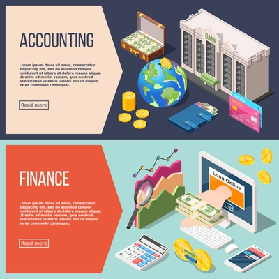 Set of two horizontal isometric accounting banners with editable text read more button and financial icons vector illustration