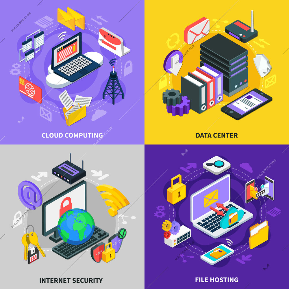 Cloud services 2x2 design concept set of cloud computing data center Internet security and file hosting square compositions isometric vector illustration