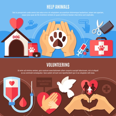 Charity horizontal banners collection with editable text and flat symbols with images of medical and veterinary equipment vector illustration