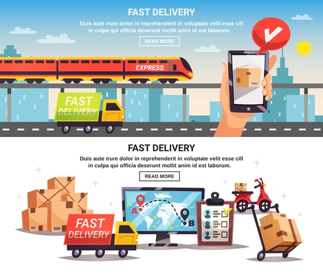 Free train truck shipment fast delivery service with online tracking 2 horizontal banners design isolated vector illustration