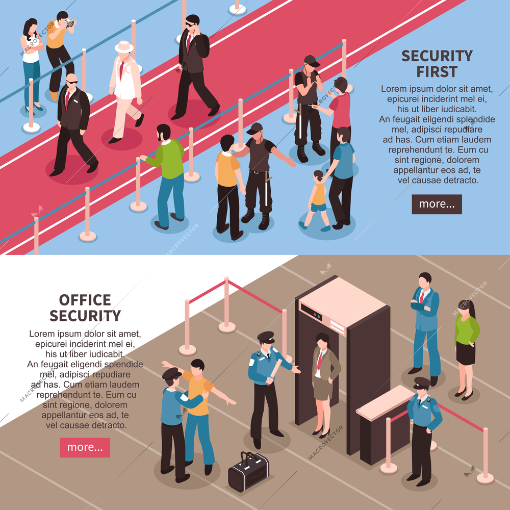 Isometric security banners collection with images of people walking through access control metal detector with more button vector illustration