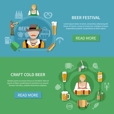 Flat design craft cold beer festival horizontal banners set on colorful backgrounds isolated vector illustration