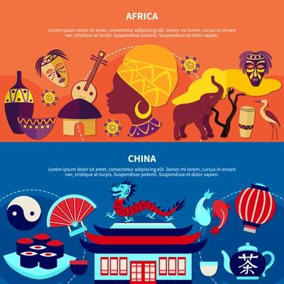 Flat design travelling to china and africa banners set with traditional symbols landmarks cuisine musical instruments on colorful background isolated vector illustration