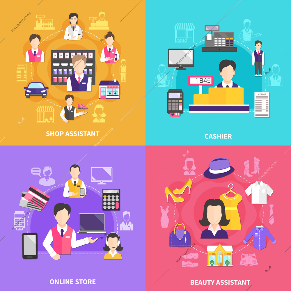 Salesman design concept with four round compositions of silhouette icons and flat images of shopworkers and items vector illustration