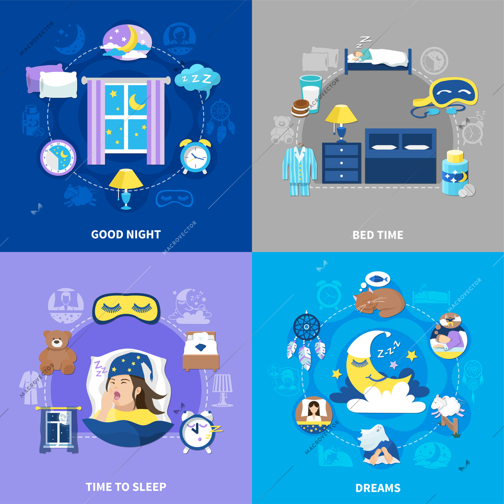 Bedtime sleep 4 flat icons concept square with bedroom accessories nighttime darkness night dreams symbols vector illustration