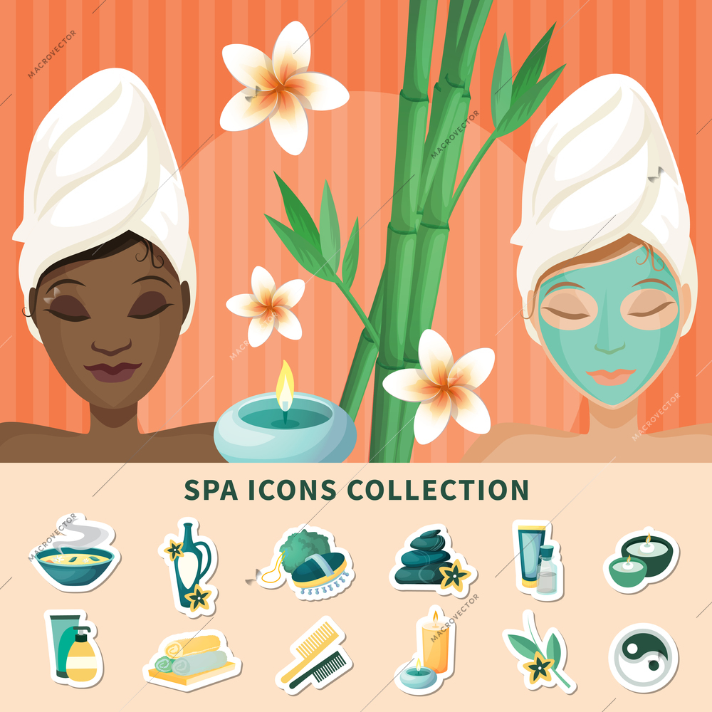 Spa wellness beauty resort banner with available services treatments menu symbols flat icons collection background vector illustration