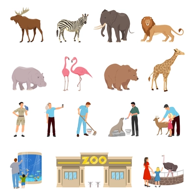 Zoo flat icons set of lion elephant giraffe deer zebra hippopotamus walrus flamingos goat ostrich isolated vector illustration