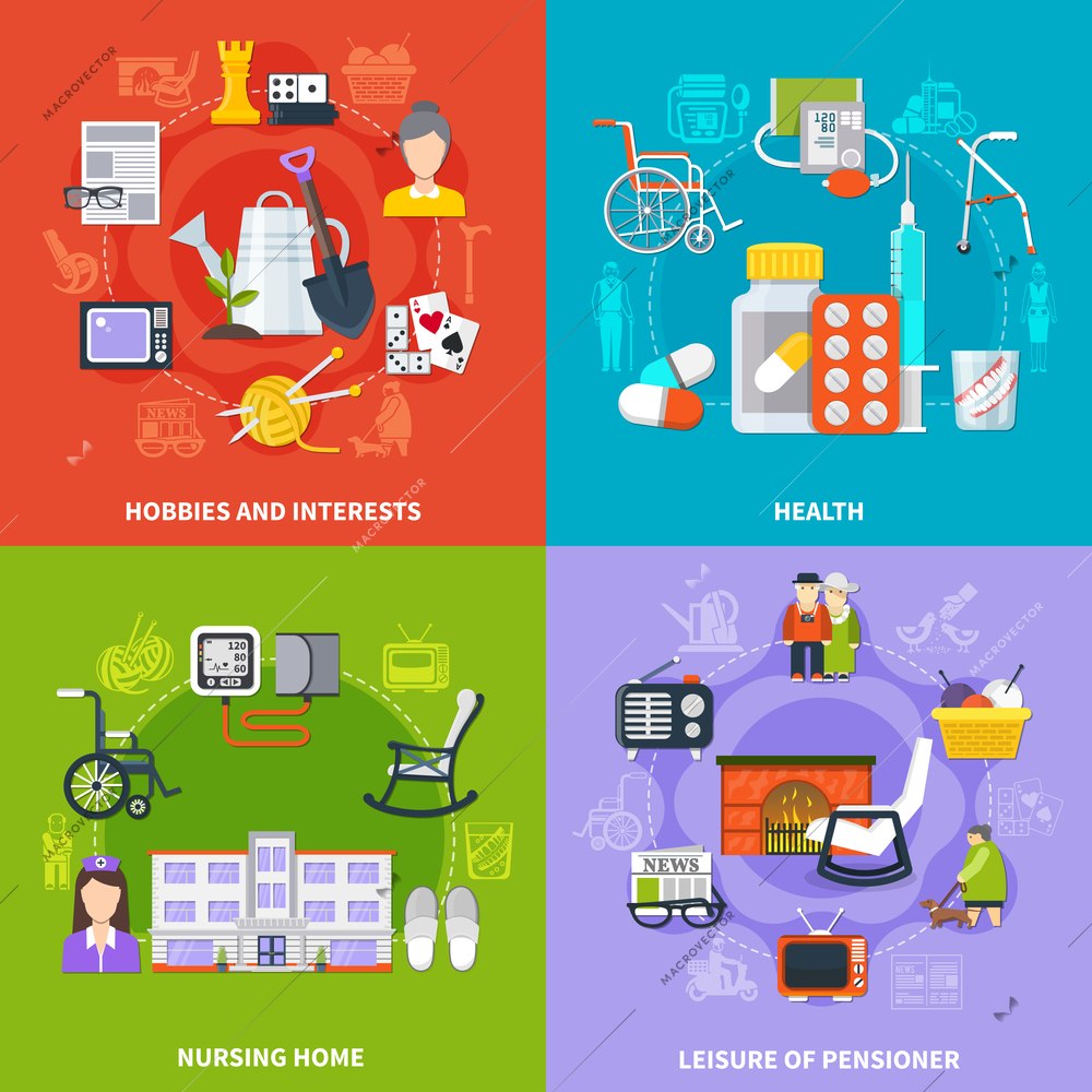 Four squares flat pensioner icon set with hobbies and interests health nursing home and leisure of pensioner descriptions vector illustration