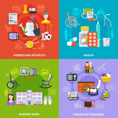 Four squares flat pensioner icon set with hobbies and interests health nursing home and leisure of pensioner descriptions vector illustration