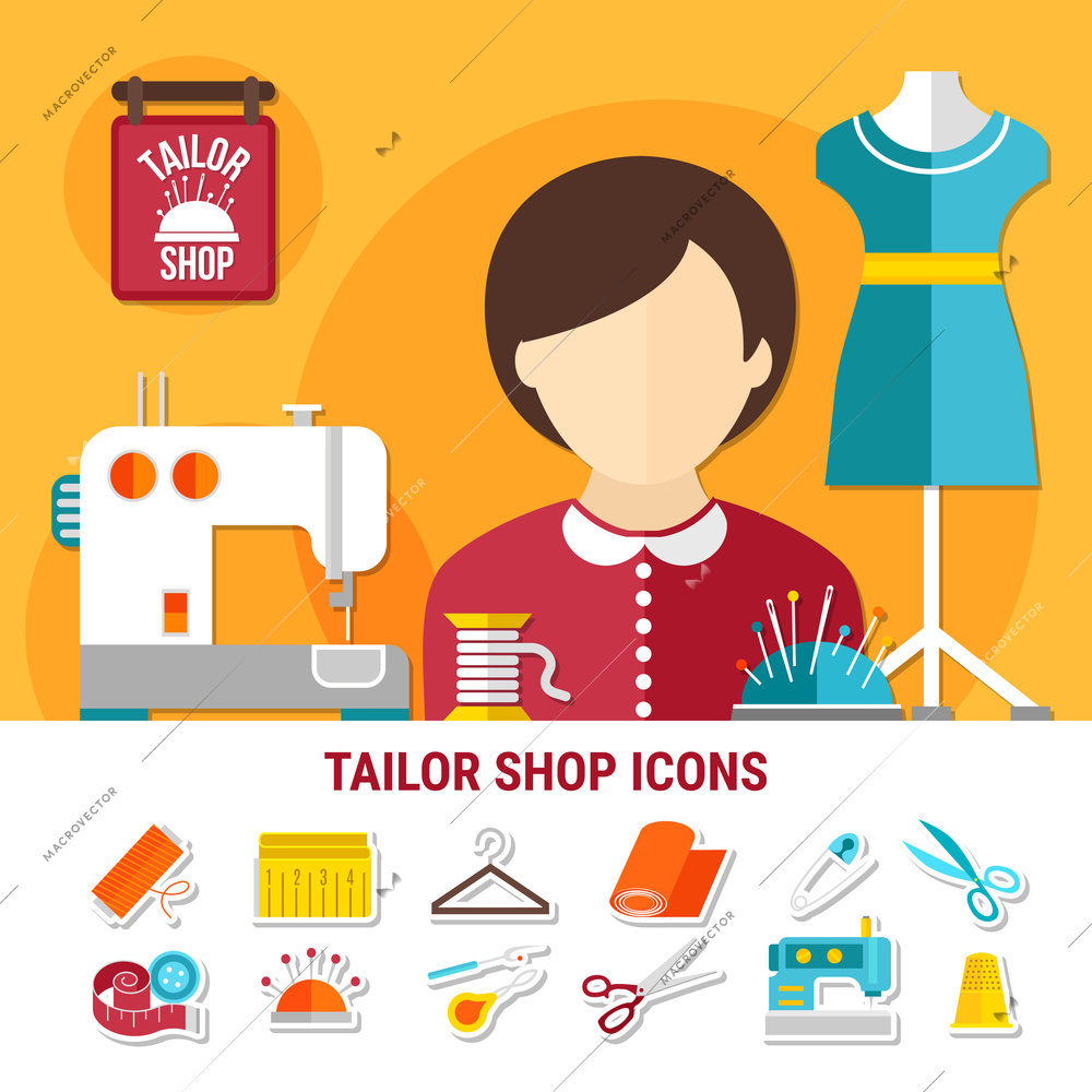 Tailor shop with sewing equipment and workplace symbols flat isolated vector illustration