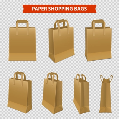 Realistic set of shopping bags made from brown paper isolated on transparent background vector illustration