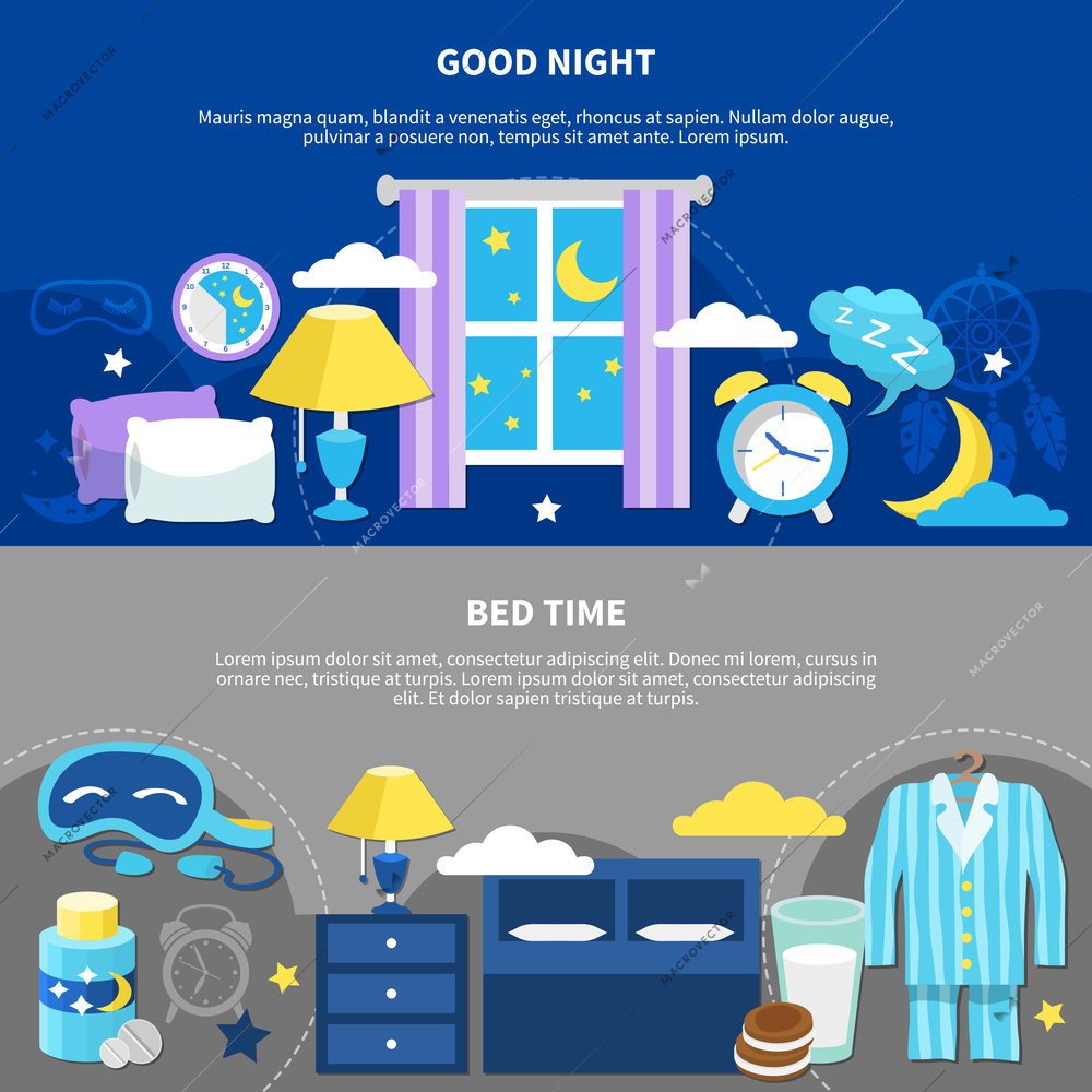 Good night 2 flat horizontal bedtime banners with bed pajama nightstand lamp and alarm clock vector illustration