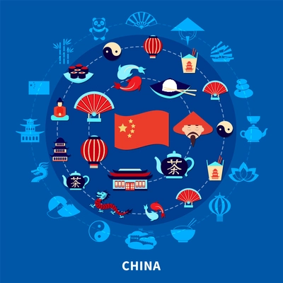 Travel to china set with chinese traditional food flag and symbols on blue background flat vector illustration