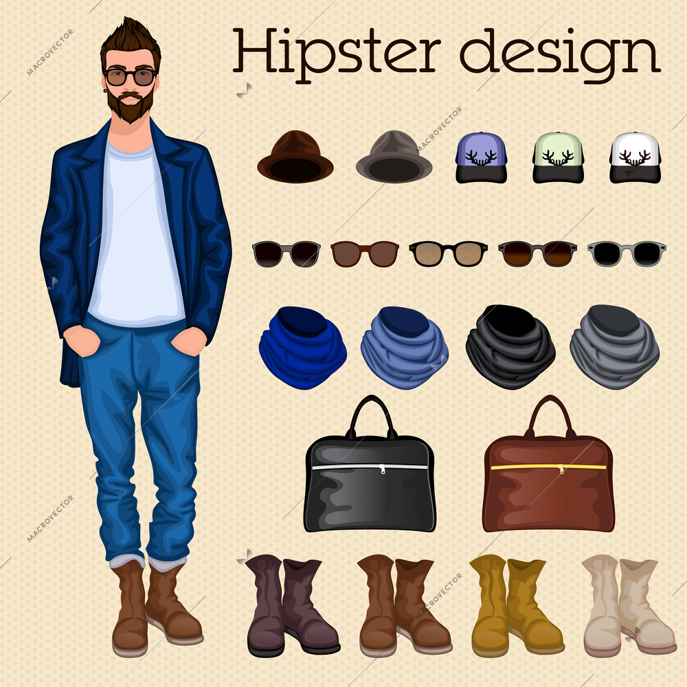 Hipster vintage character pack design elements for male guy with accessory and clothing isolated vector illustration