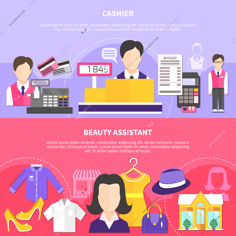 Salesman horizontal banners set with text and images of women wear items with cashier and assistant characters vector illustration
