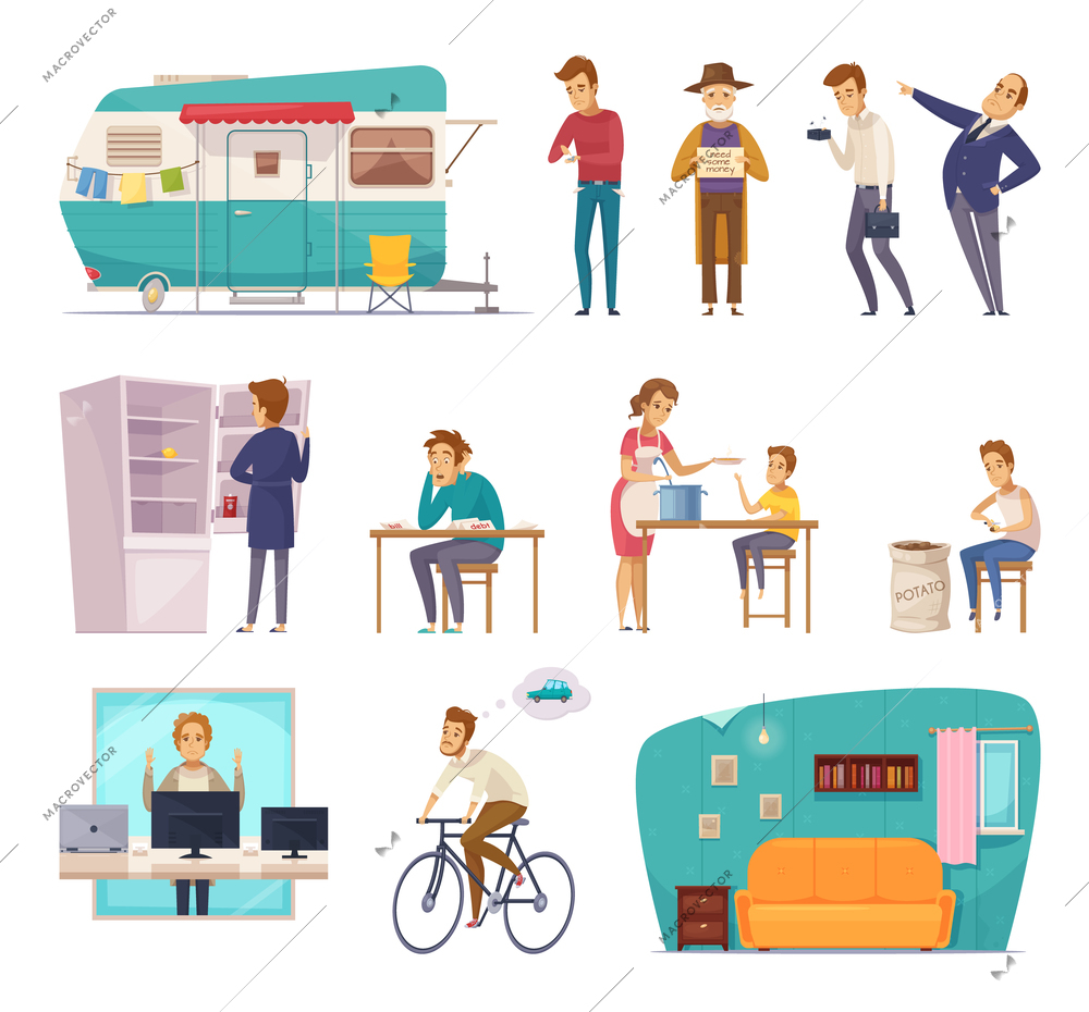 Social classes decorative icons set with rich  poor needy pauper people in home interior and outdoor isolated vector illustration