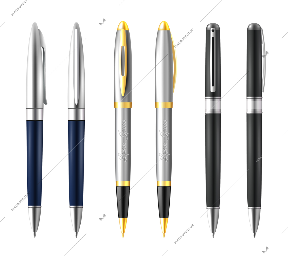 Realistic business pen icon set with silver gold and black premium color vector illustration