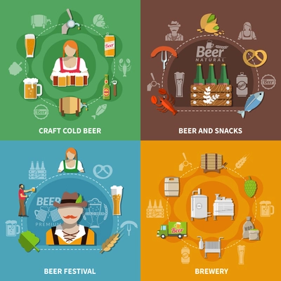 Beer festival brewery process and different snacks 2x2 icons set isolated on colorful backgrounds vector illustration